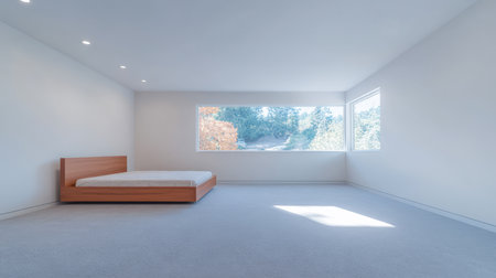 This bright bedroom features a wooden bed frame and expansive windows that allow natural light to flood the space. The serene view showcases lush greenery outside enhancing the tranquil atmosphere.の素材