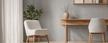 Neutral-toned living area features minimalist chairs and a wooden desk. Natural light pours in through sheer curtains enhancing the tranquil atmosphere. A decorative plant adds a touch of greenery.の素材