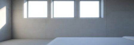 Bright and airy interior showing a simple design with concrete walls and large windows allowing natural light to fill the space. The area is uncluttered emphasizing its minimalist style.の素材
