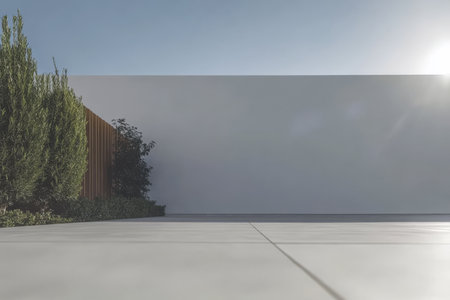 A serene outdoor setting features a spacious concrete area adorned with lush greenery. The bright sunlight casts soft shadows creating a peaceful atmosphere for relaxation.の素材