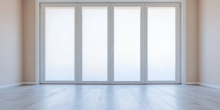 A spacious empty room features large sliding glass doors allowing natural light to fill the space. The light-colored walls complement the sleek hardwood floor creating a serene ambiance.の素材