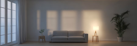 A simple yet elegant living room showcases a comfortable gray couch a tall plant and warm lighting. Soft shadows create a serene atmosphere perfect for relaxation.の素材