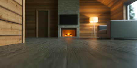 A spacious cabin interior features rich wooden walls a glowing fireplace and soft lighting. Comfortable furniture invites relaxation in a serene setting perfect for unwinding.の素材