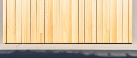 A simple elegant wooden wall constructed with vertical slats is shown.の素材