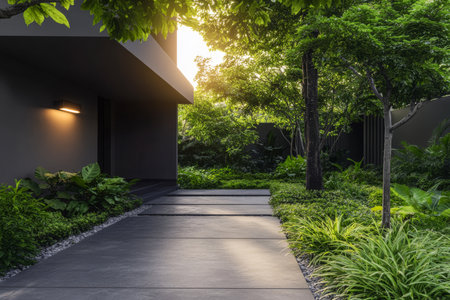 A sleek modern pathway guides visitors through a lush garden filled with greenery. The gentle glow of the setting sun illuminates the surroundings enhancing the serene atmosphere.の素材
