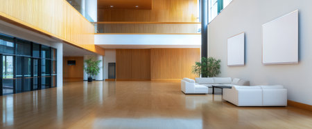 A spacious atrium featuring sleek white sofas and a coffee table. Large windows allow ample natural light to illuminate the wooden interior creating a welcoming atmosphere.の素材