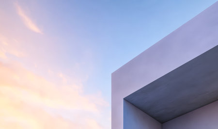 A sleek architectural design features sharp lines and geometric shapes set against a breathtaking twilight sky with soft hues capturing the beauty of modern aesthetics.の素材