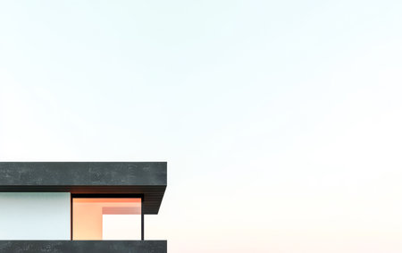 This striking minimalist building features large open windows that reflect the warm colors of sunset. The clean lines and geometric shapes highlight contemporary architectural trends.の素材
