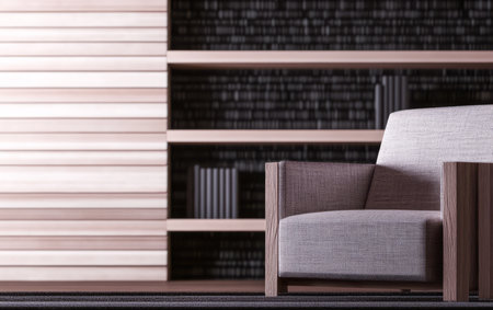 A stylish modern chair sits in a minimalist living area complemented by a sleek bookshelf in the background. Natural light enhances the clean design and neutral colors of the decor.の素材