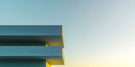 A striking modern building with layered horizontal elements stands against a clear blue sky at sunrise. The soft light creates a tranquil ambiance highlighting the structures unique design.の素材