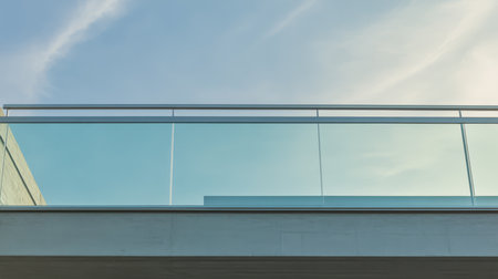 A sleek glass railing outlines a contemporary balcony set against a bright blue sky. The design highlights minimalism and elegance perfect for an outdoor space.の素材