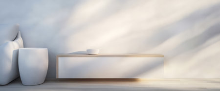 Soft shadows dance across a minimalist interior featuring a low white cabinet and rounded vessel. The natural light enhances the tranquil atmosphere in the stylish space.の素材