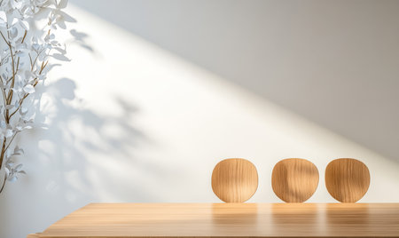 Three wooden decor items sit on a light-colored table illuminated by natural sunlight. A simple yet elegant atmosphere is enhanced by soft shadows and a leafless branch in the background.の素材