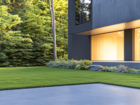 A sleek modern structure is nestled among lush trees illuminated by warm light as the sun sets. The manicured lawn and stone details enhance the serene ambiance of the scene.の素材