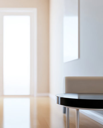 A spacious room features natural light streaming through a large door highlighting a sleek black table and a simple sofa. The warm wooden floor complements the minimalist design.の素材