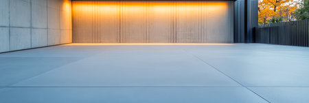 A spacious area featuring clean lines and a contemporary design is highlighted by soft warm lighting. The minimalist environment exudes tranquility as autumn leaves are visible outside.の素材