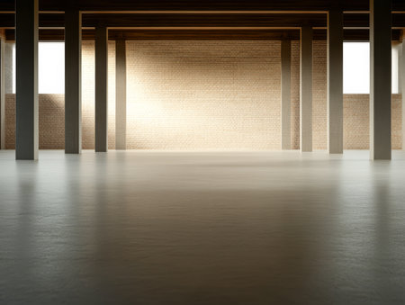 A spacious interior features clean lines and minimalist design elements. Large windows allow natural light to flood in creating a serene atmosphere. The brick wall adds texture and warmth.の素材