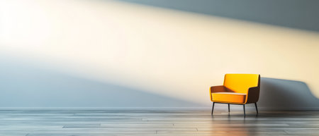 A bright yellow chair stands alone against a soft white wall illuminated by natural light. The wooden floor enhances the minimalistic design of this tranquil space.の素材