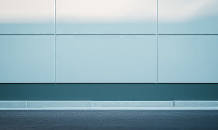A sleek modern wall with a smooth surface and minimalist design stands above a clean pavement. The colors are subtle forming a calming backdrop ideal for architectural photography.の素材