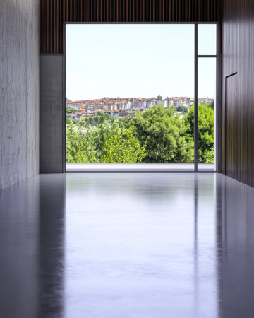 A modern and minimalist interior featuring a wide glass window that opens to a lush green landscape and a distant city skyline creating a bright and inviting atmosphere.の素材
