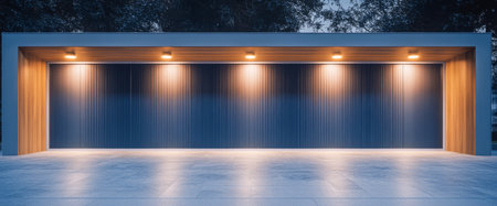 A contemporary garage design featuring clean lines and wooden trimmings is softly lit at dusk. The warm lights enhance the architectural details and create a welcoming ambiance.の素材