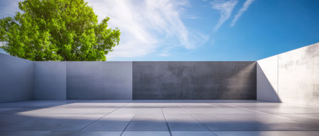 A spacious outdoor area features sleek concrete walls and a polished floor. A vibrant green tree adds a touch of nature against the clear blue sky creating a tranquil environment.の素材