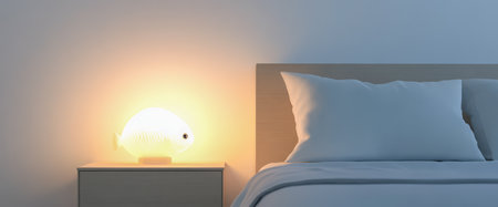 A peaceful bedroom features a stylish fish-shaped lamp emitting a warm glow next to a neatly made bed. The soft lighting creates a calming atmosphere in the space.の素材
