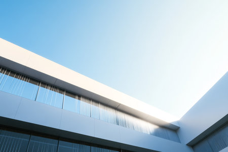 This contemporary building features sleek white surfaces and large windows reflecting the bright blue sky. Natural light floods the space creating an inviting atmosphere.の素材