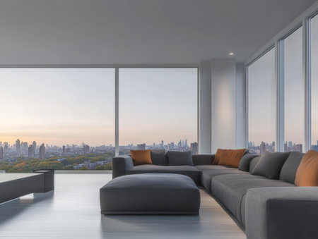 A spacious modern living room features a large sofa and ottoman offering a stunning panoramic view of the city skyline during sunset. Natural light enhances the calm atmosphere.の素材