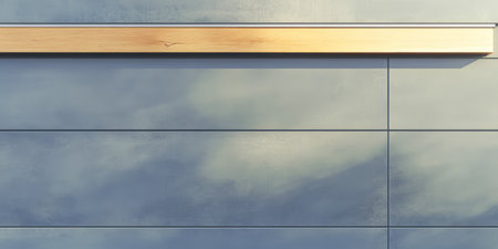 A wooden strip runs horizontally along a smooth blue wall showcasing a simple yet elegant design. The clean lines and subtle textures evoke a sense of calm and modernity in the space.の素材