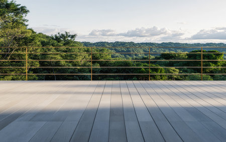 A spacious terrace features a wooden floor overlooking a vibrant green forest. The bright sky with fluffy clouds adds to the tranquil atmosphere inviting relaxation and enjoyment.の素材