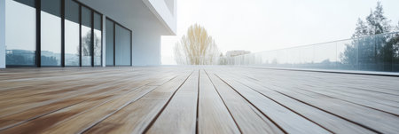A broad wooden terrace stretches out towards a serene landscape with trees visible in the distance and soft morning light illuminating the space creating a calm ambiance.の素材