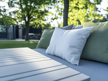 A comfortable outdoor seating area features a light-colored table and soft pillows inviting relaxation amidst lush greenery and warm sunlight in a serene garden setting.の素材