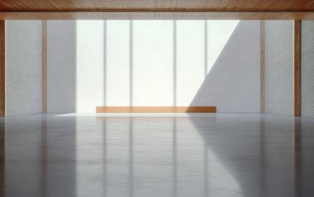 Bright and spacious interior featuring large windows and clean lines. Sunlight streams through creating dynamic shadows on the polished concrete floor and enhancing the minimalistic design.の素材
