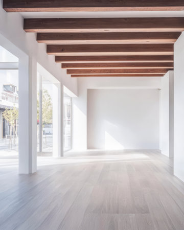 A spacious interior features tall windows bringing in natural light highlighting the wooden beams overhead. The minimalist design emphasizes a bright and airy atmosphere.の素材