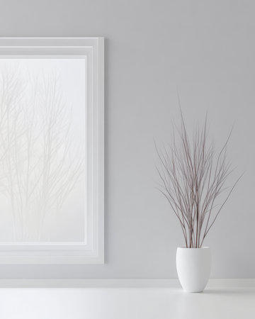 A stylish minimalist space features a white vase with bare branches beside a large window. Soft natural light filters through highlighting the calm neutral tones of the room.の素材