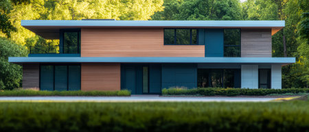 A contemporary house blends with nature showcasing a mix of wood and modern materials. The property features large windows and clean lines amidst lush greenery offering a tranquil atmosphere.の素材