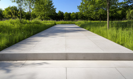 A broad concrete pathway stretches into a vibrant green landscape framed by tall grass and trees against a bright blue sky. The setting suggests tranquility and natural beauty.の素材