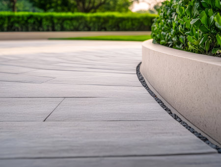 Curved stone pathway seamlessly blends into landscaped area surrounded by vibrant green hedges. Sunlight highlights textures and colors enhancing the tranquil outdoor atmosphere.の素材