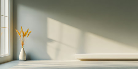 Soft natural light fills a minimalistic room casting gentle shadows on a pale wall. A slender vase holds dried grass adding a touch of warmth to the serene space.の素材
