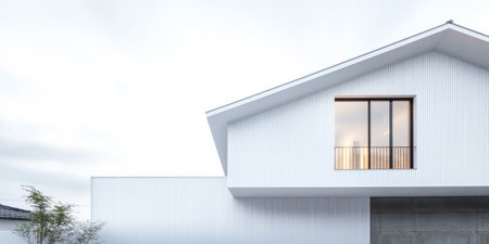 A contemporary building displays sleek lines and a clean design amidst cloudy skies. The structure features large windows and a simple balcony providing a serene atmosphere in the area.の素材
