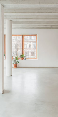 Bright spacious interior showcasing large windows that allow natural light. The area features simple furniture and greenery in pots creating a refreshing and inviting atmosphere.の素材