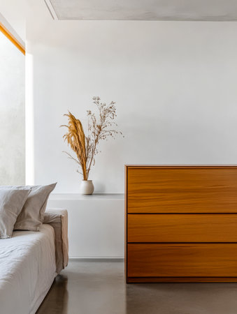 A cozy living space showcases a light sofa with soft pillows a stylish wooden dresser with three drawers and a vase of dried flowers adding warmth to the rooms minimalist aesthetic.の素材