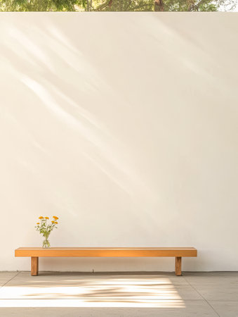 A wooden bench sits against a plain wall adorned with a small vase of bright flowers. Soft natural light filters in creating a calm and inviting atmosphere in the space.の素材