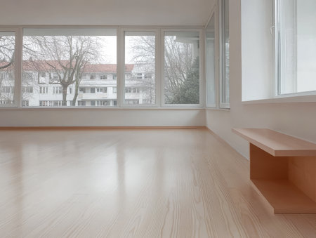 Spacious interior features large windows allowing natural light to flood in. Light wood flooring and a simple built-in bench enhance the serene atmosphere of the room.の素材