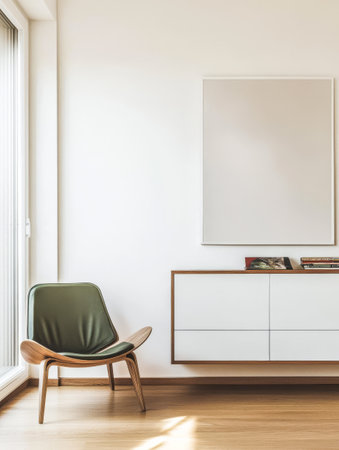 A minimalist living room features a green chair beside a sleek white cabinet. Sunlight streams in through large windows enhancing the spaces warm and inviting atmosphere.の素材