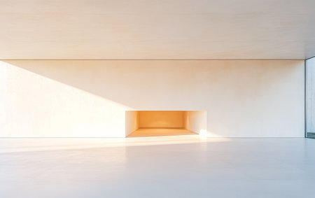 Natural light pours into a spacious and minimalistic interior highlighting the simplicity of the design. Smooth surfaces and clean lines create a serene atmosphere in the room.の素材