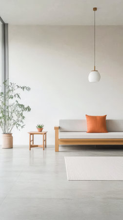 A spacious living room features a soft gray sofa with an orange pillow accompanied by a wooden table. A potted plant adds a touch of greenery enhancing the serene environment.の素材