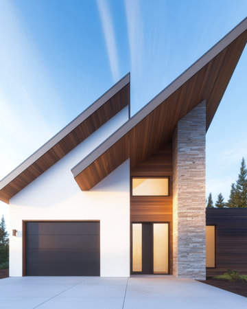 A stylish home showcases unique rooflines and expansive glass windows set against a backdrop of lush trees. Natural materials enhance the modern aesthetic emphasizing simplicity and elegance.の素材