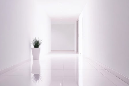 Brightly lit hallway features smooth reflective tiles and a simple indoor plant in a white pot. The minimalist design creates a serene atmosphere perfect for relaxation or quiet reflection.の素材